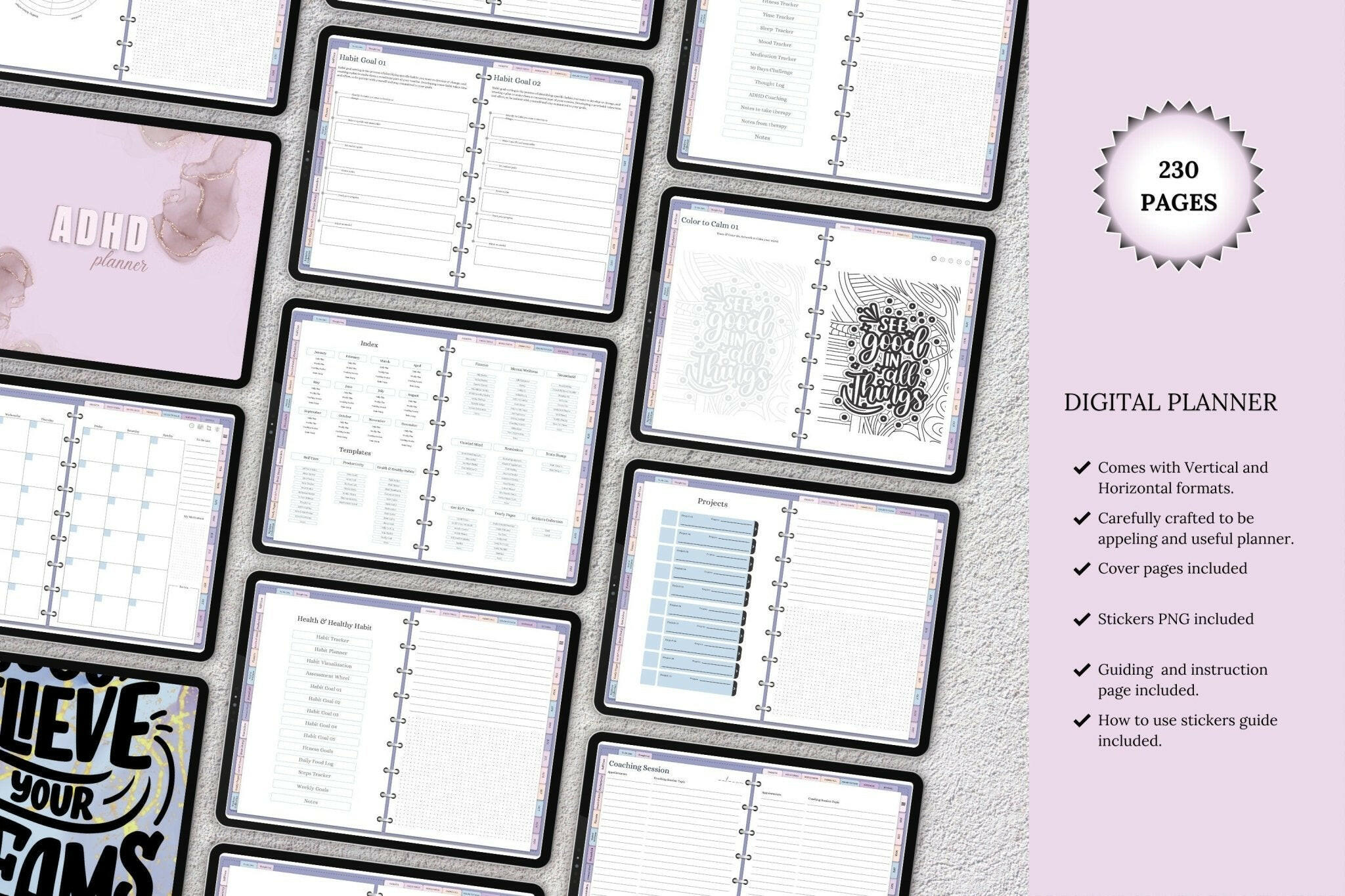 Adhd Digital planner with various pages displayed on a pink background