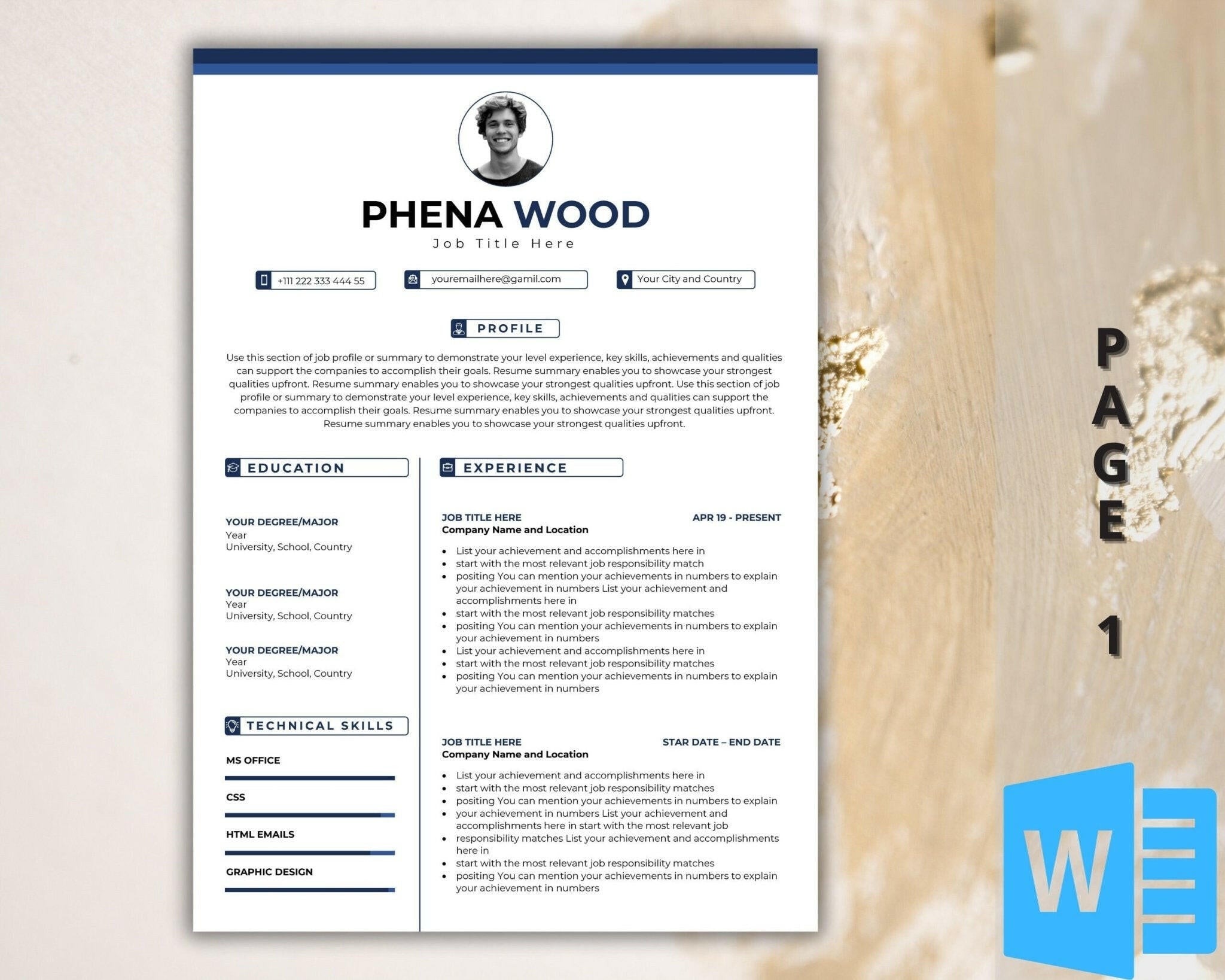 Modern photo resume template in Word, with photo slot