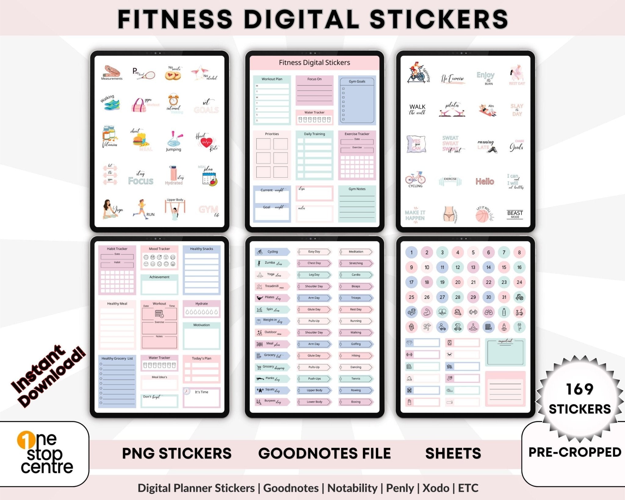 Digital fitness planner stickers 169+ bundle with file to upload to goodnotes 