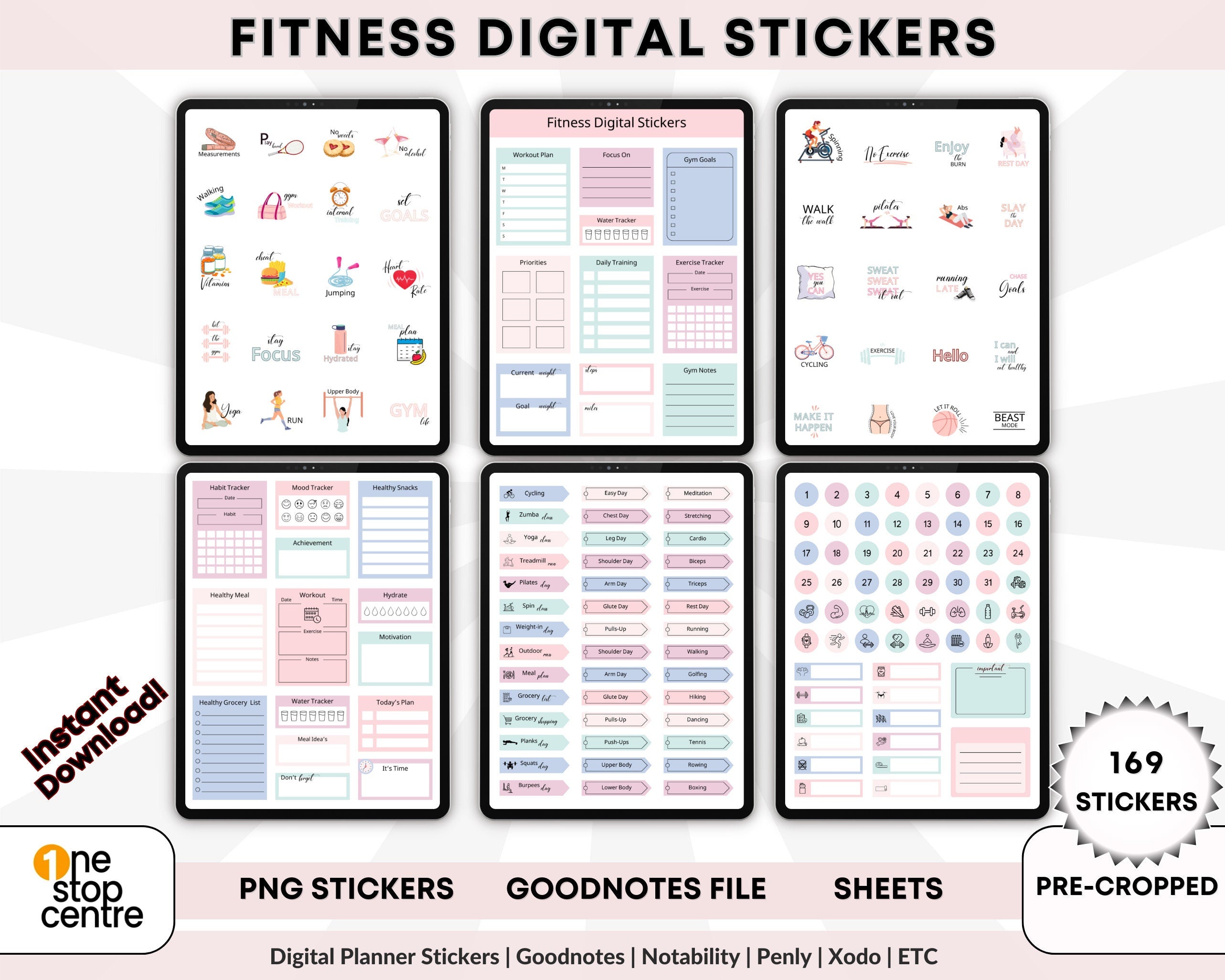 Digital fitness planner stickers 169+ bundle with file to upload to goodnotes 