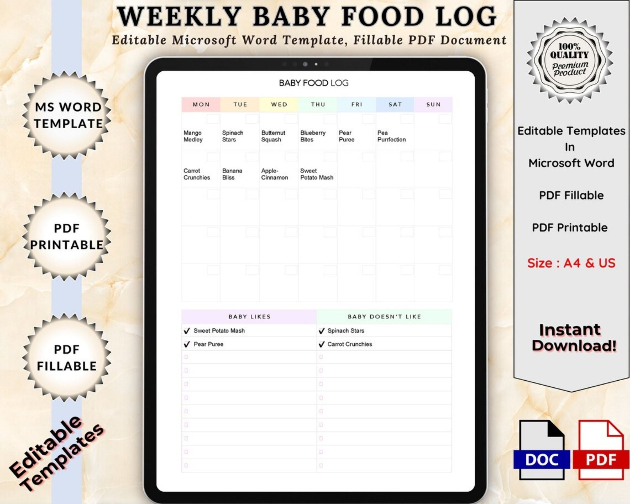 Baby Food Log template shown on tablet with fillable fields