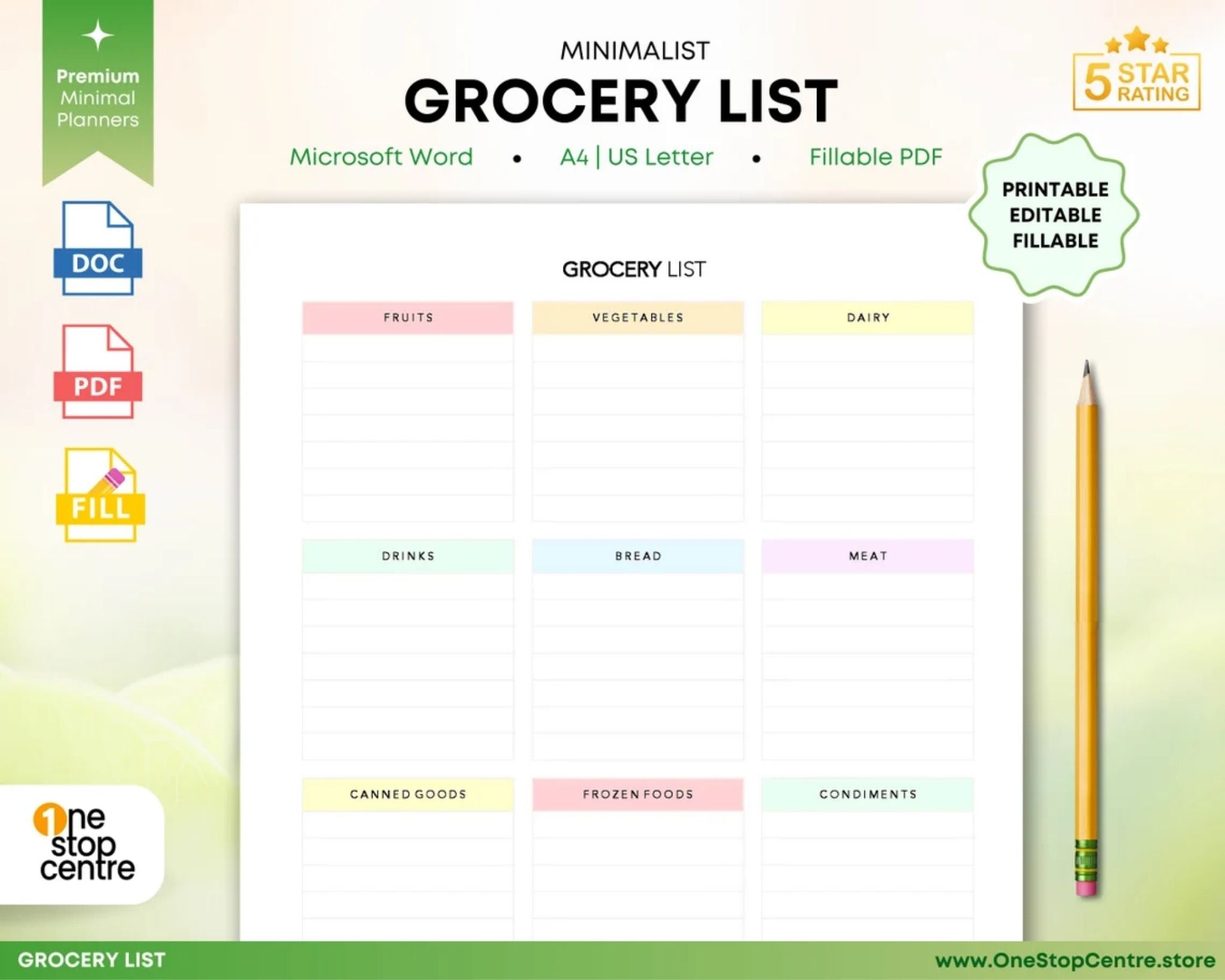 Printable grocery shopping list template with category sections, A4 and US Letter
