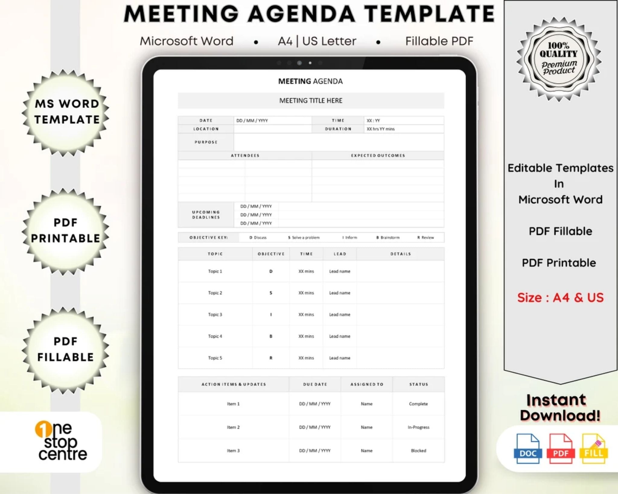 Meeting agenda template – editable Word and fillable PDF (A4 & US Letter)