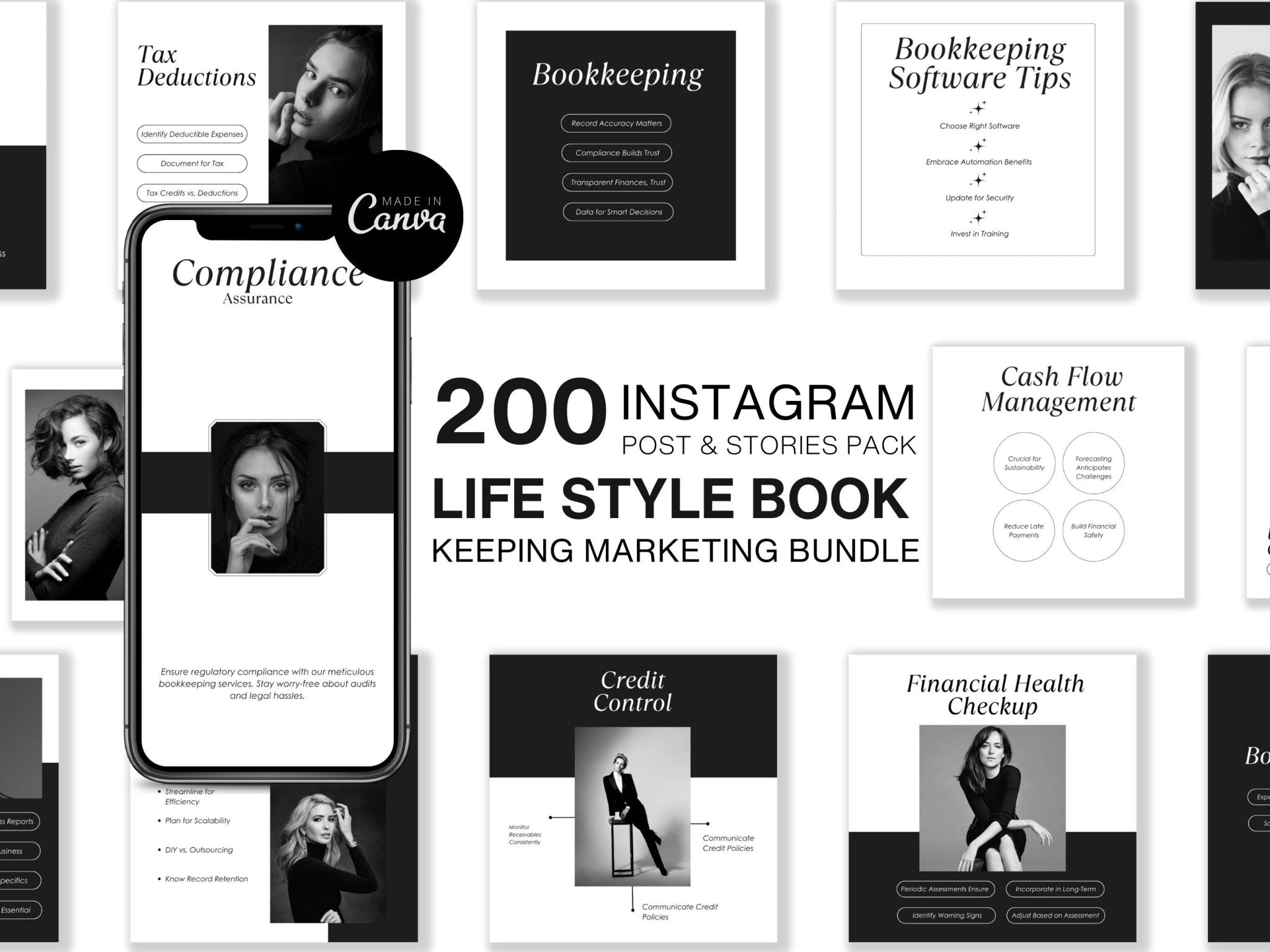 "Canva accounting Instagram post template – clean black and white design"