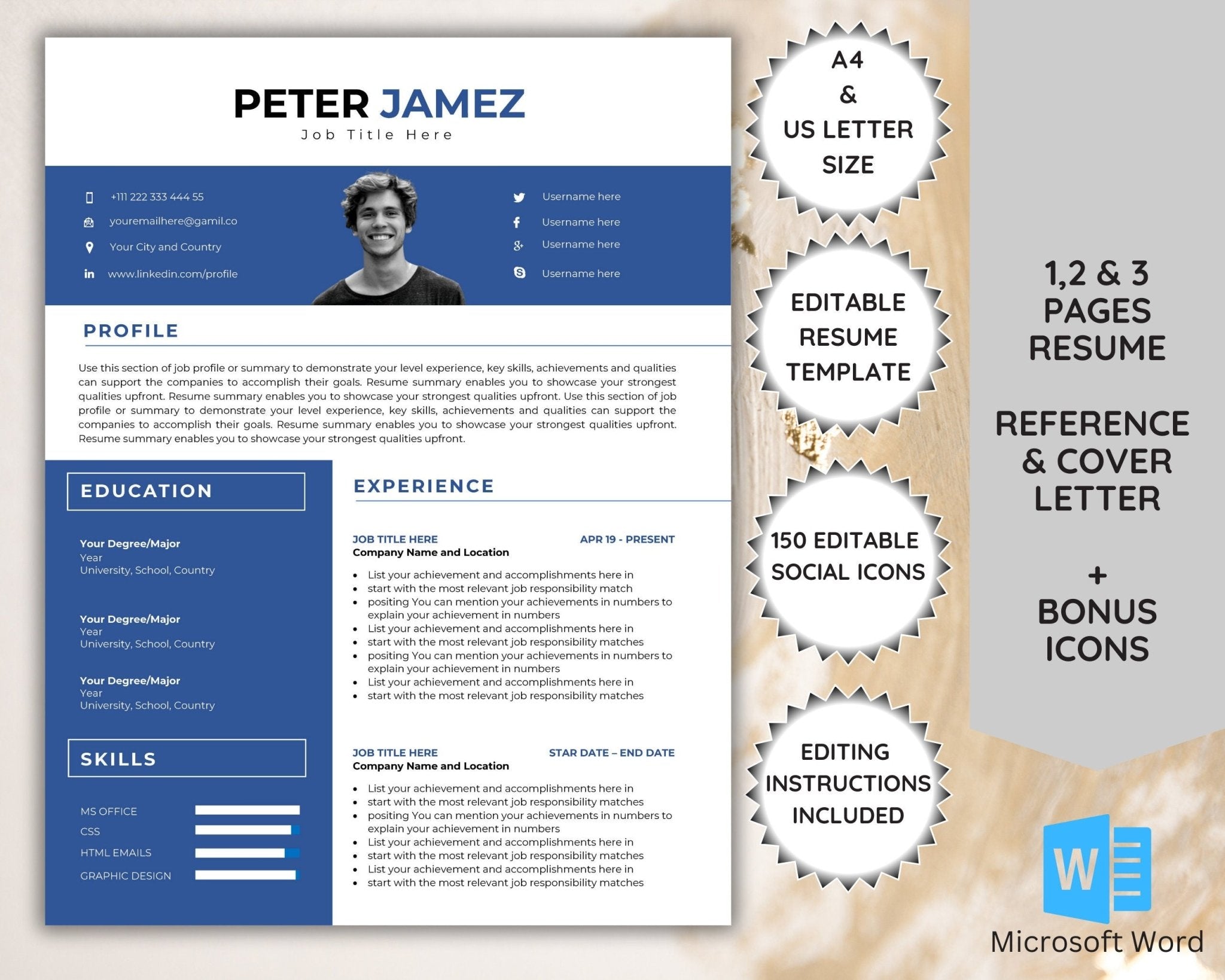 Minimal creative 1-page resume template with photo in Word.