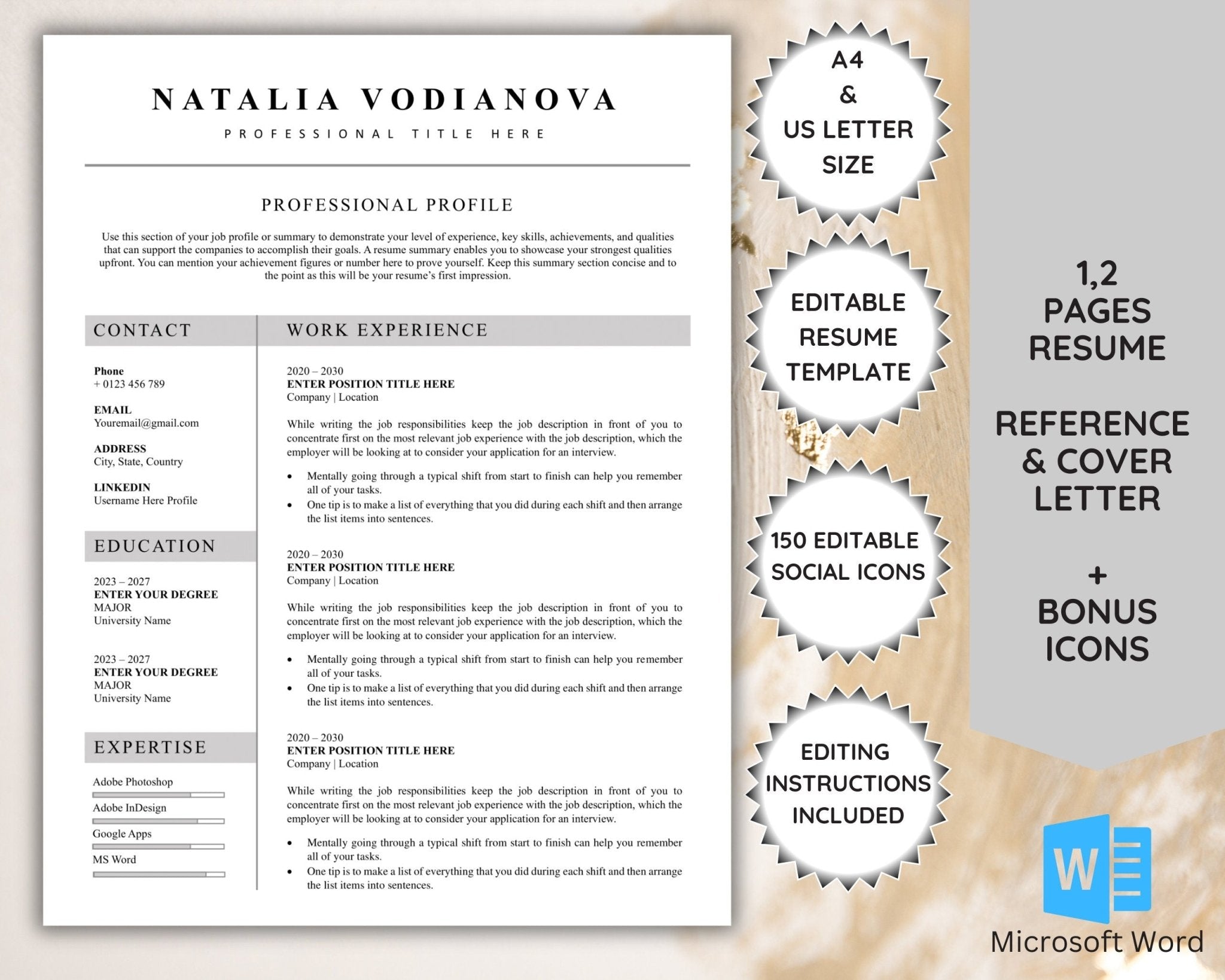 1-2 pages Minimalist resume template in Microsoft Word format.