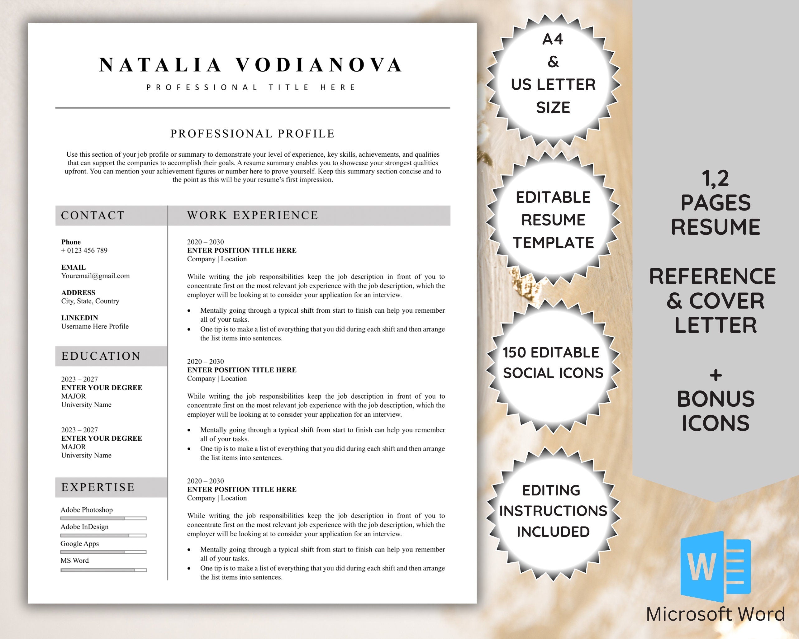 1-2 pages Minimalist resume template in Microsoft Word format.