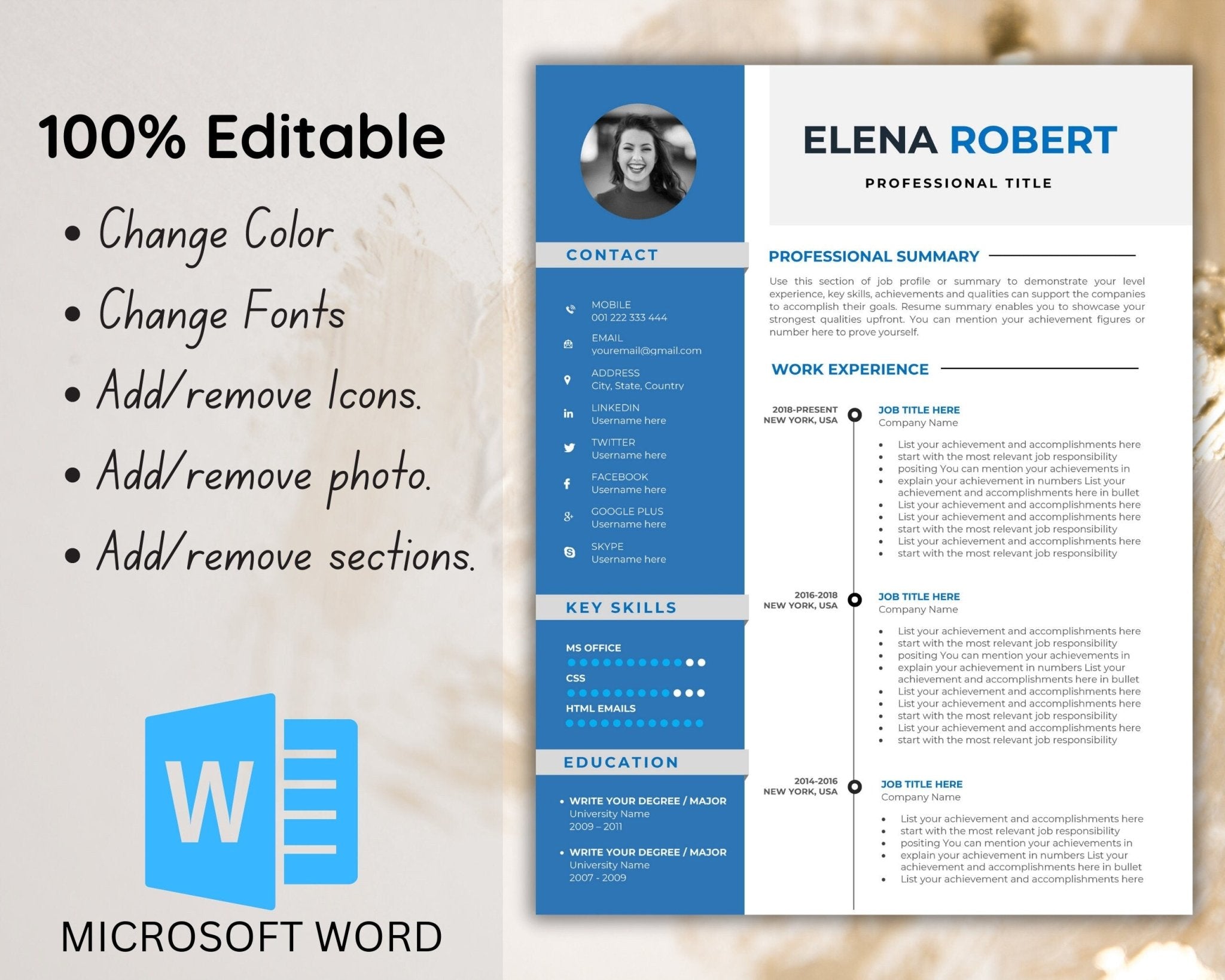 Resume template before and after customization view