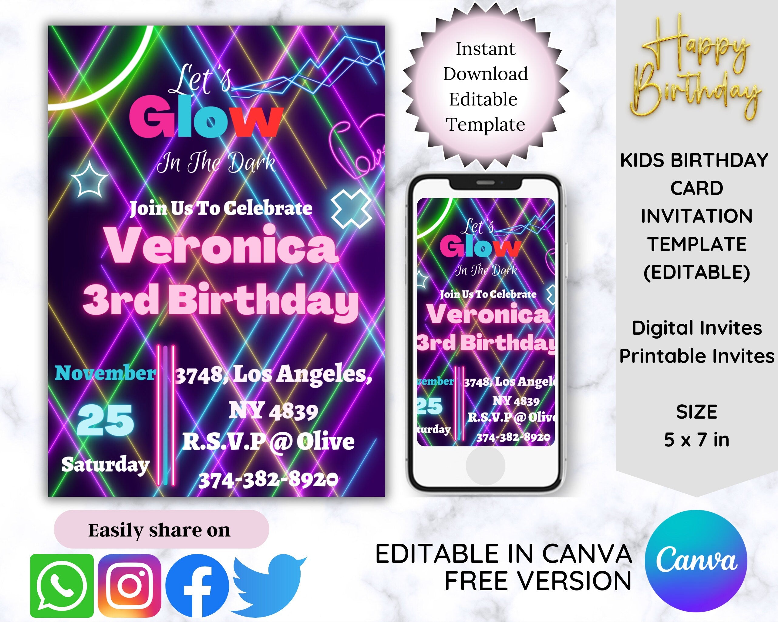 Editable neon strip lights birthday invitation 5x7