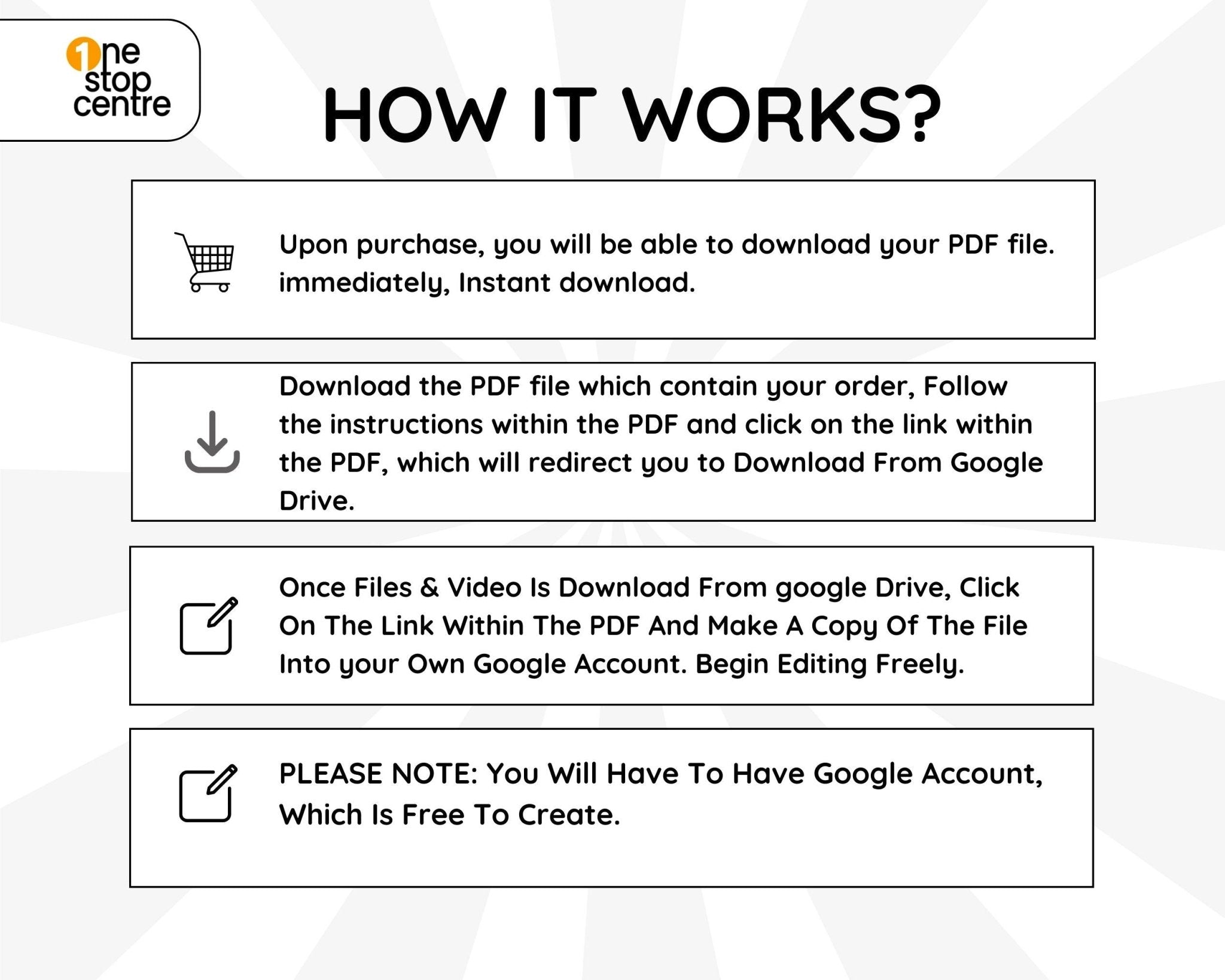 Instructions on how to download and use a PDF file from One Stop Centre with a white background.