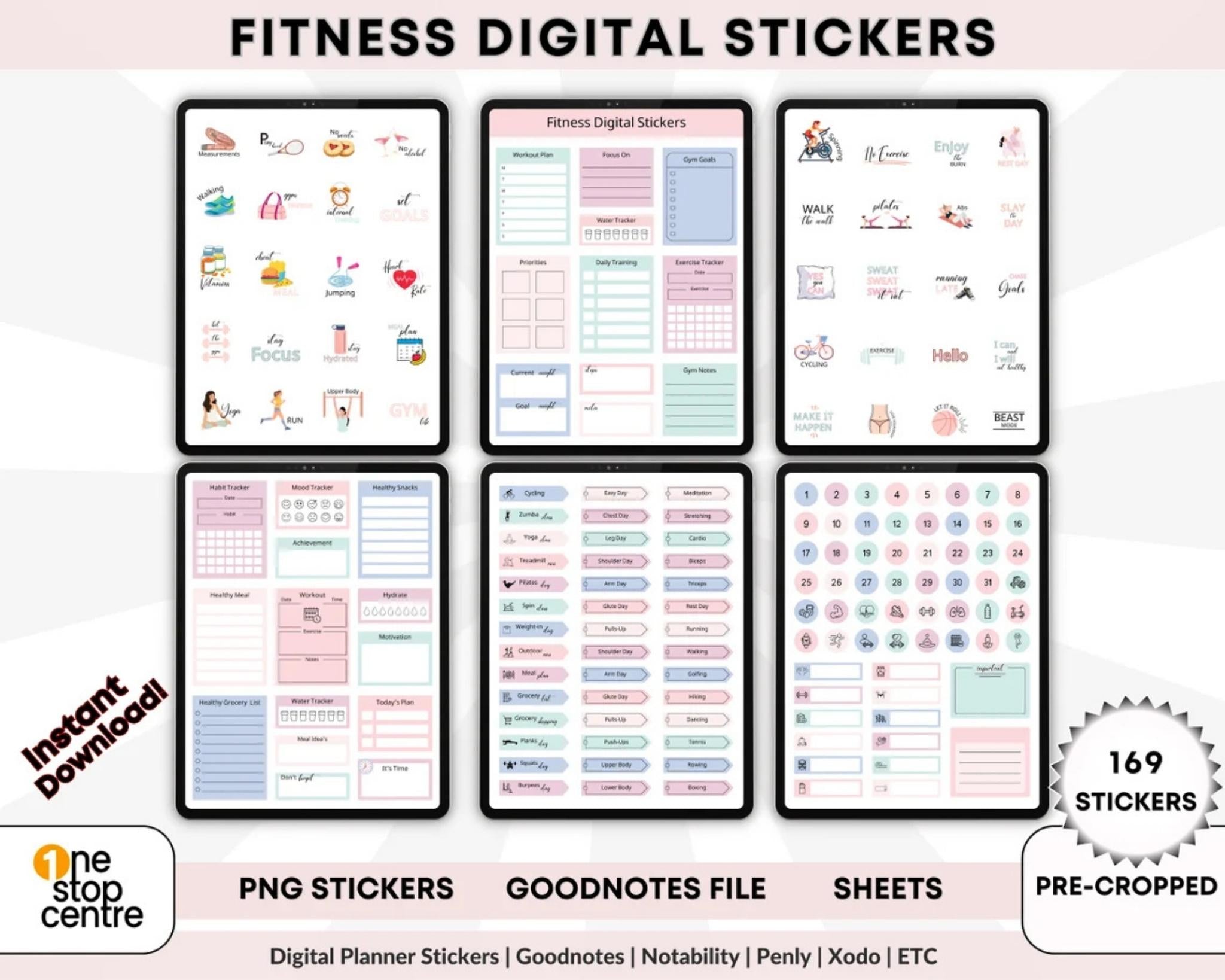 Digital fitness planner stickers 169+ bundle with file to upload to goodnotes 