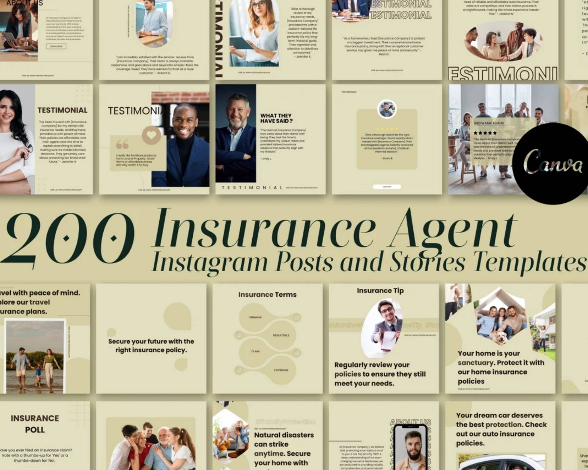 200 Instagram post and story templates to promote services like health insurance, home insurance, life insurance