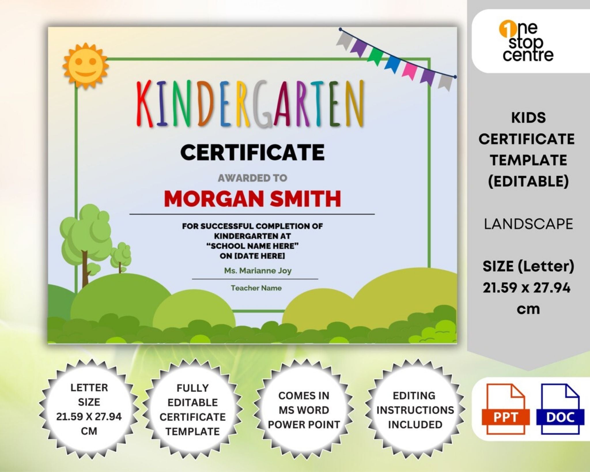 Editable kindergarten graduation certificate template in Word & PPT