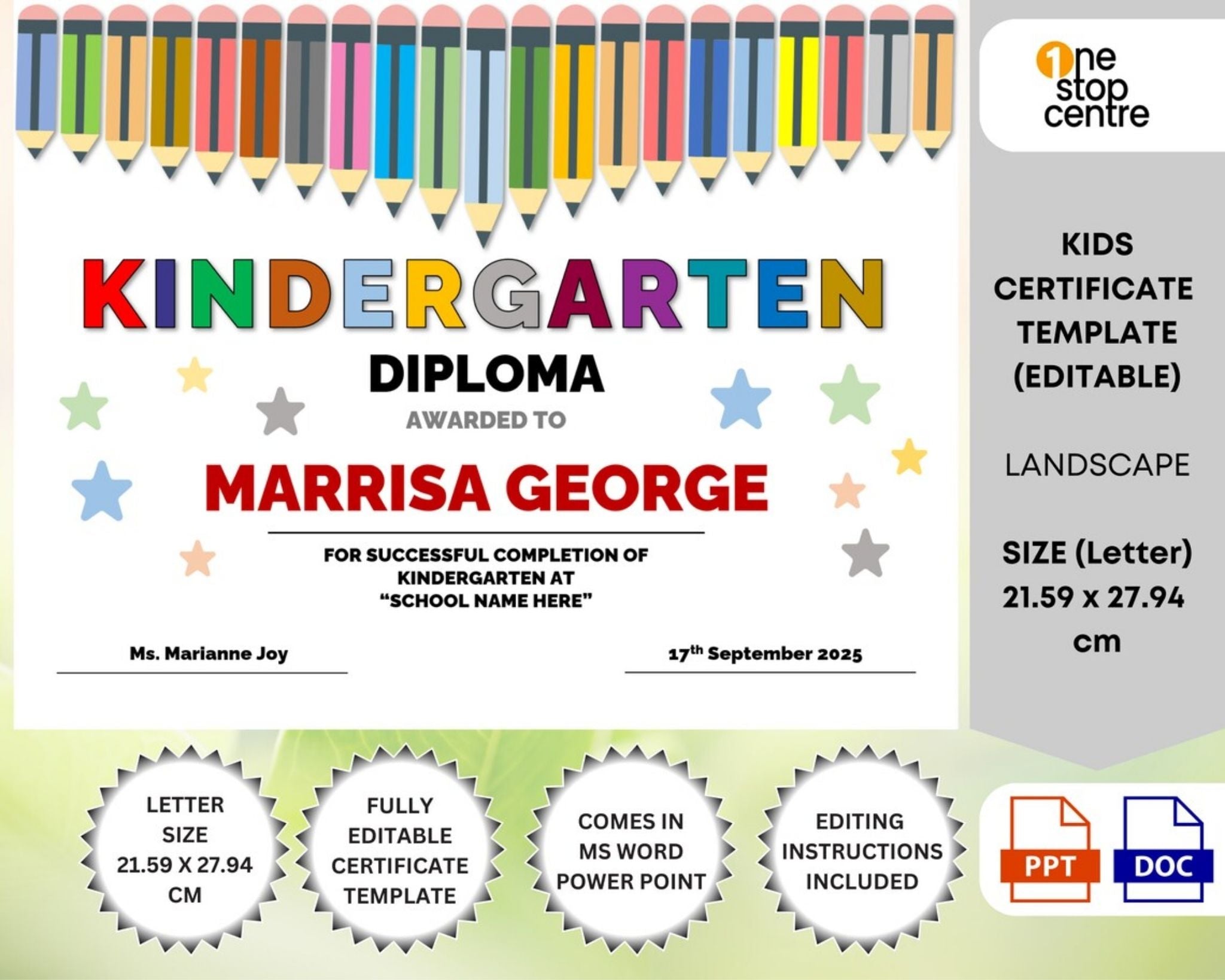 Kindergarten graduation certificate template editable in Word and PowerPoint