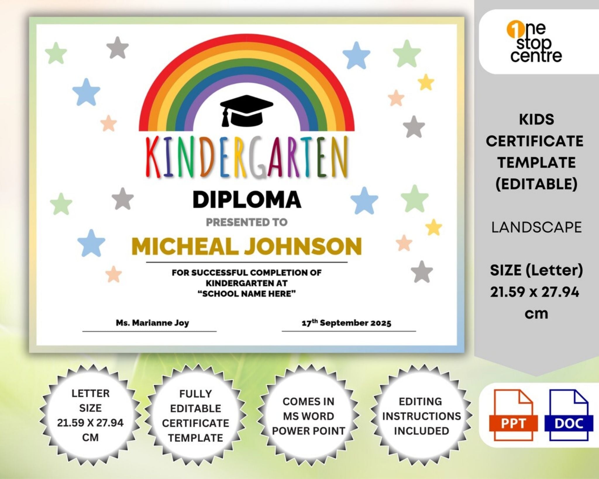 Rainbow kindergarten graduation certificate template editable in Word and Power Point