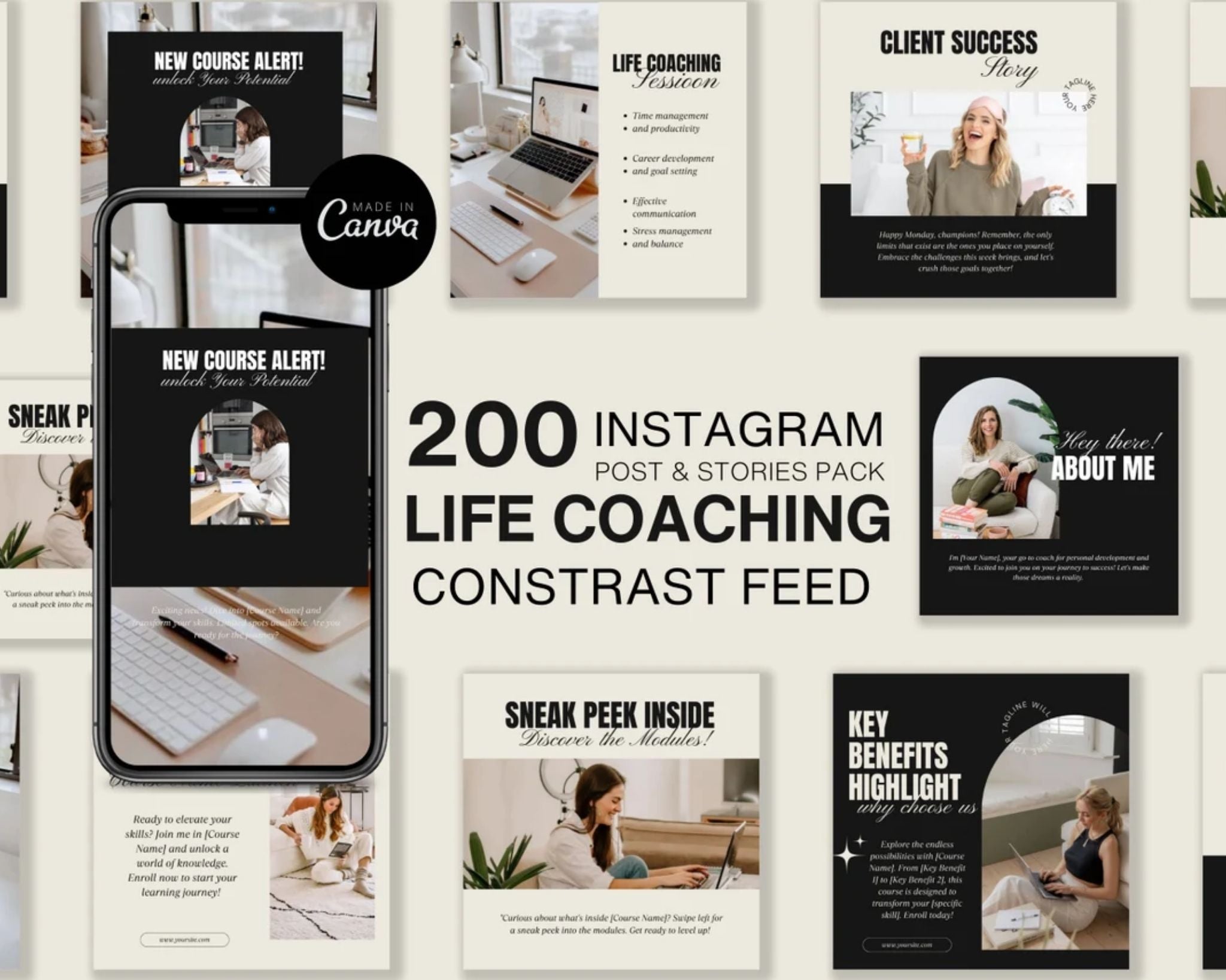 Life coaching social media Instagram post grid with neutral branding