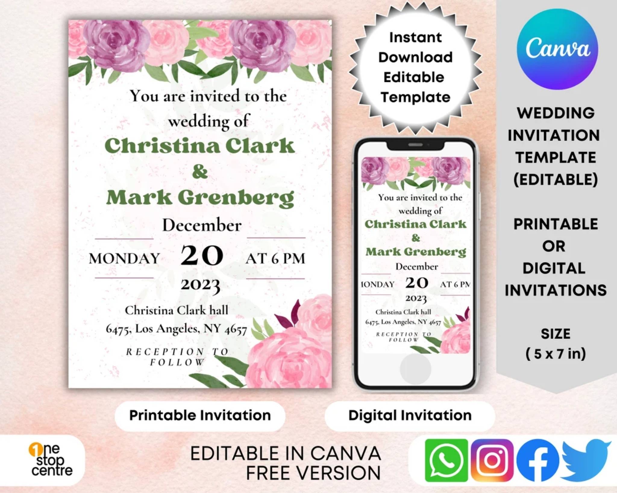 Minimalist pink floral wedding invitation template, 5x7, editable in Canva