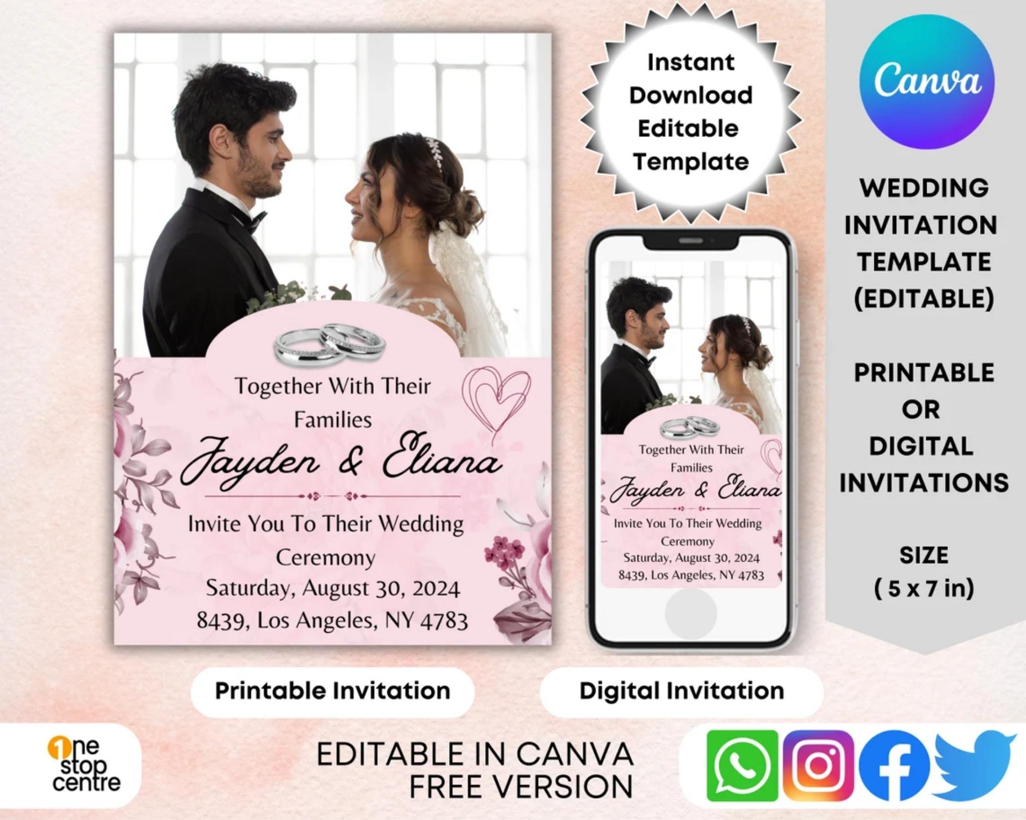 Minimalist pink wedding invitation template in Canva, 5x7 inches