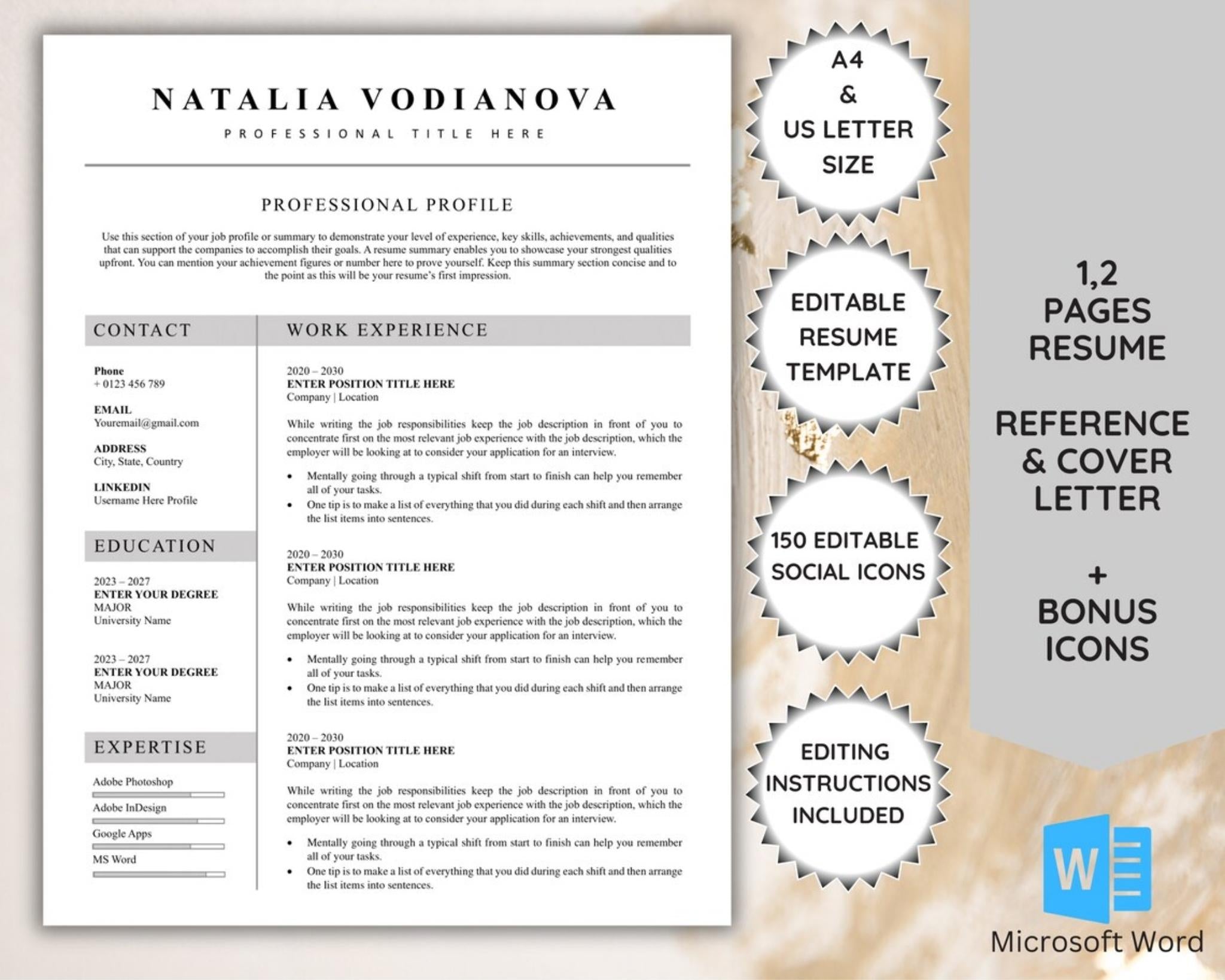 ATS-friendly minimalist resume template for Word 1 and 2 page layouts with A4 & US Letter