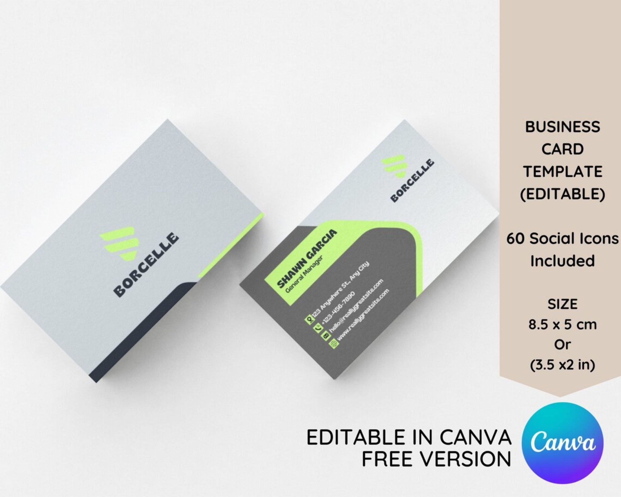 Modern double-sided business card template editable in Canva, 3.5 x 2 in