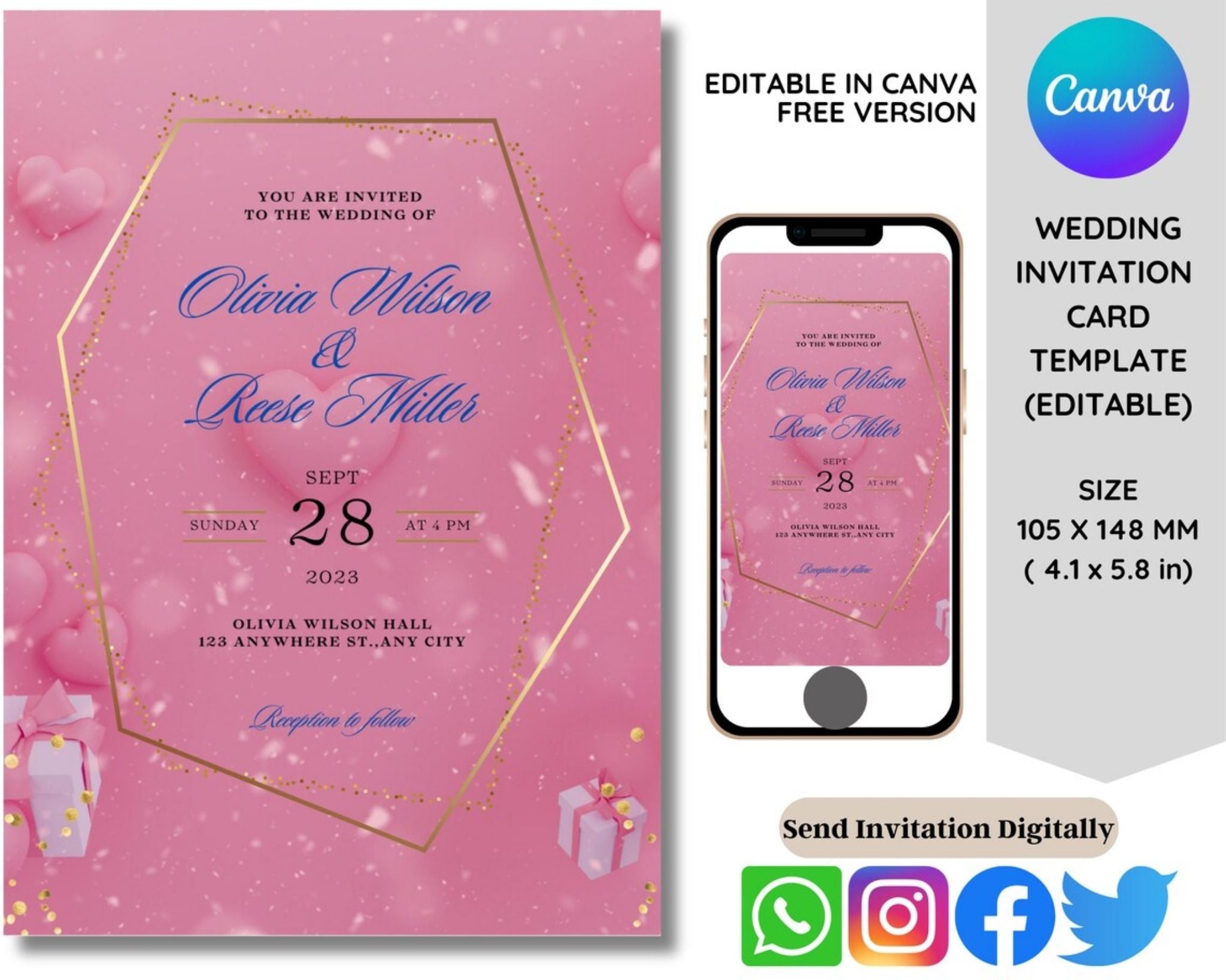 Pink wedding invitation card editable Canva template 