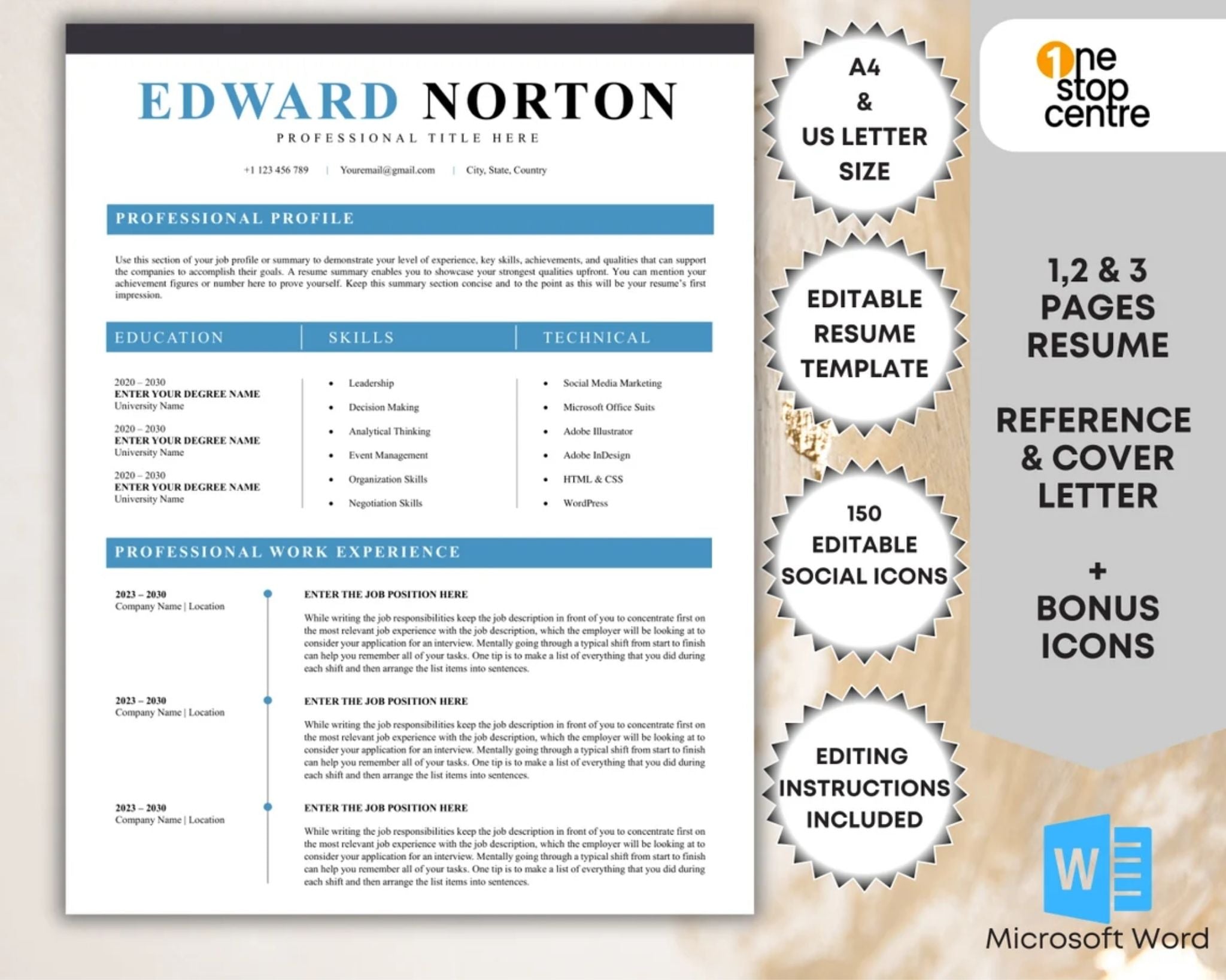 Modern resume template for word 1-3 pages with cover letter and reference template