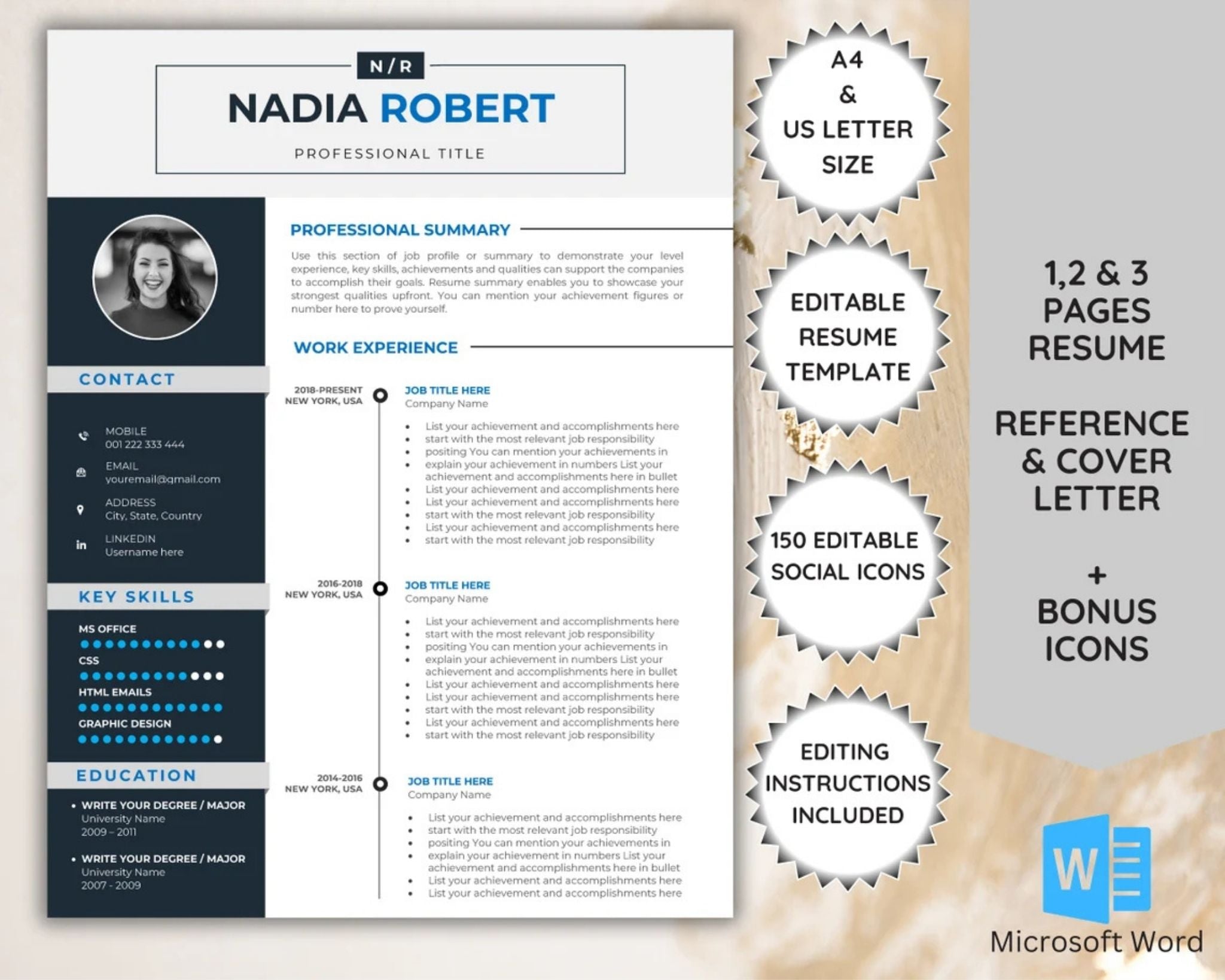Three-page resume set with matching cover letter and references