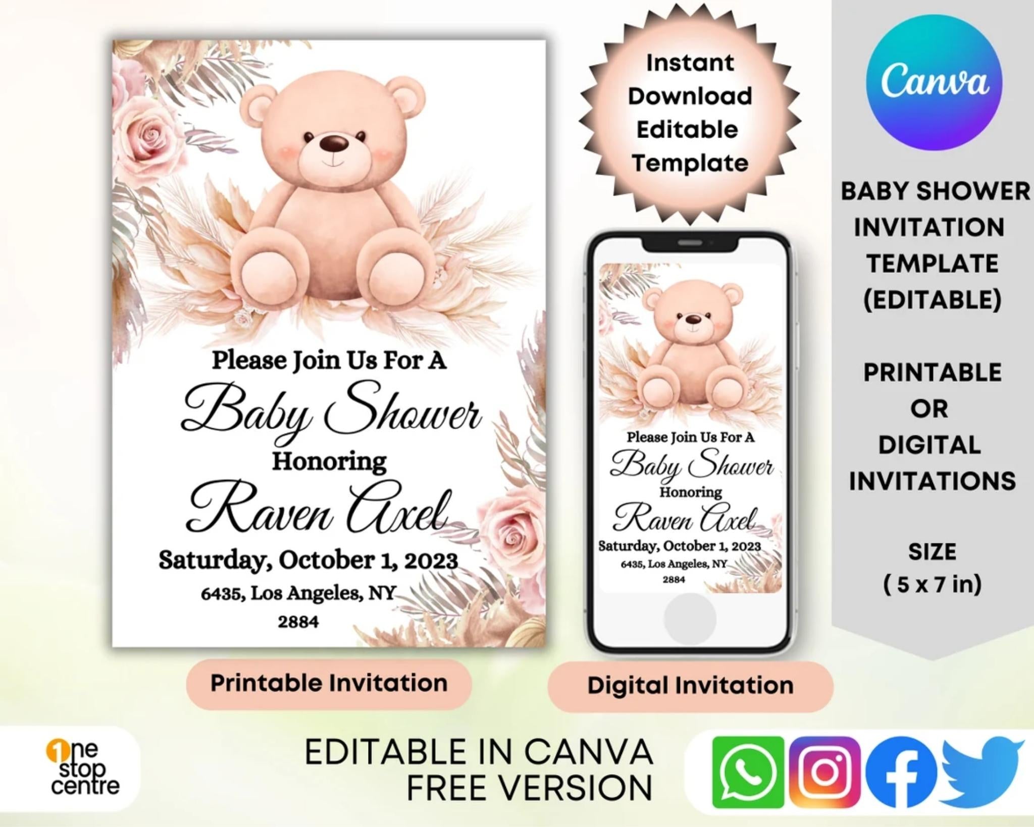Pampas baby shower invitation with teddy bear design, editable in Canva, 5x7 