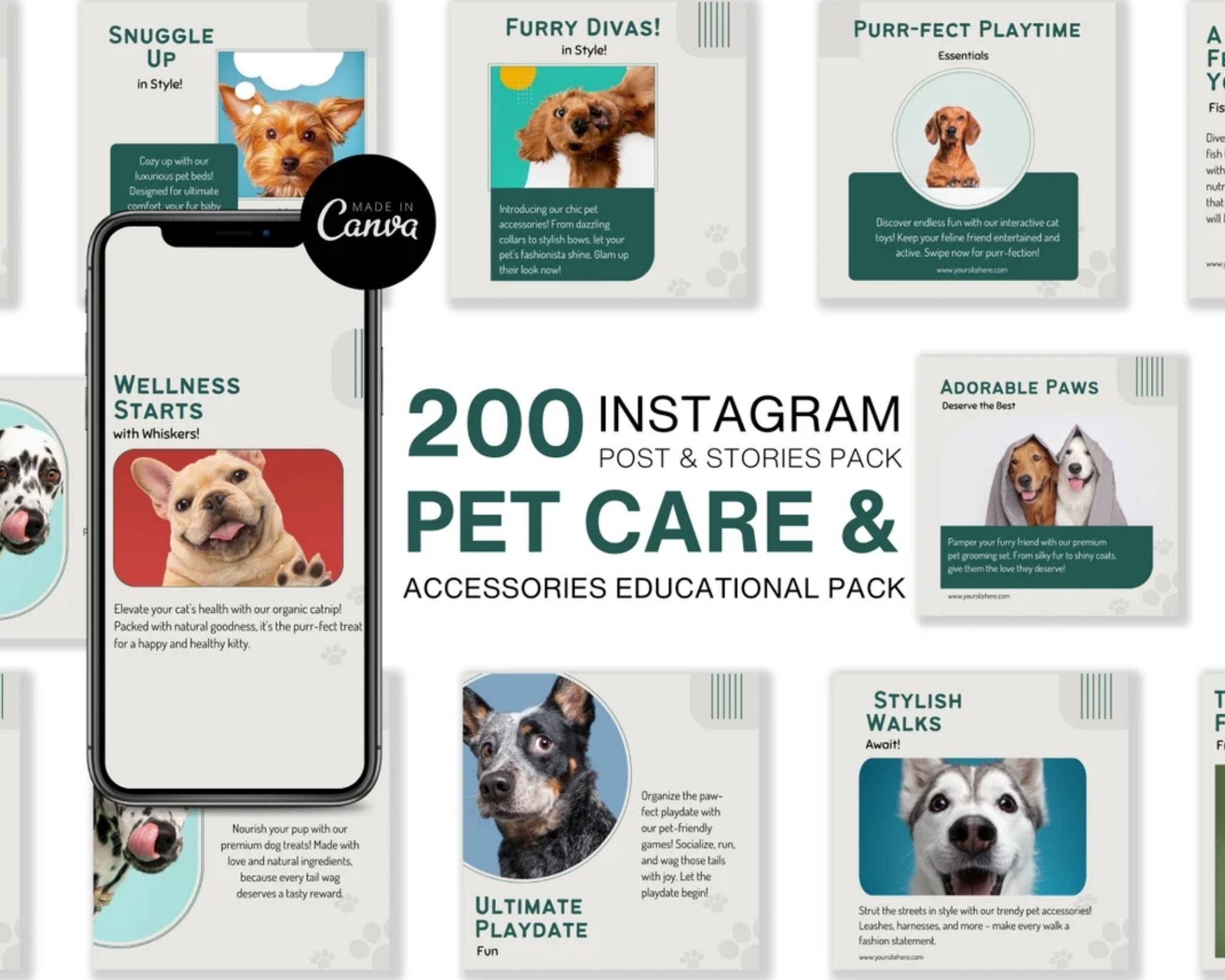 Preview of 200 editable social media pet care templates for business Canva templates bundle