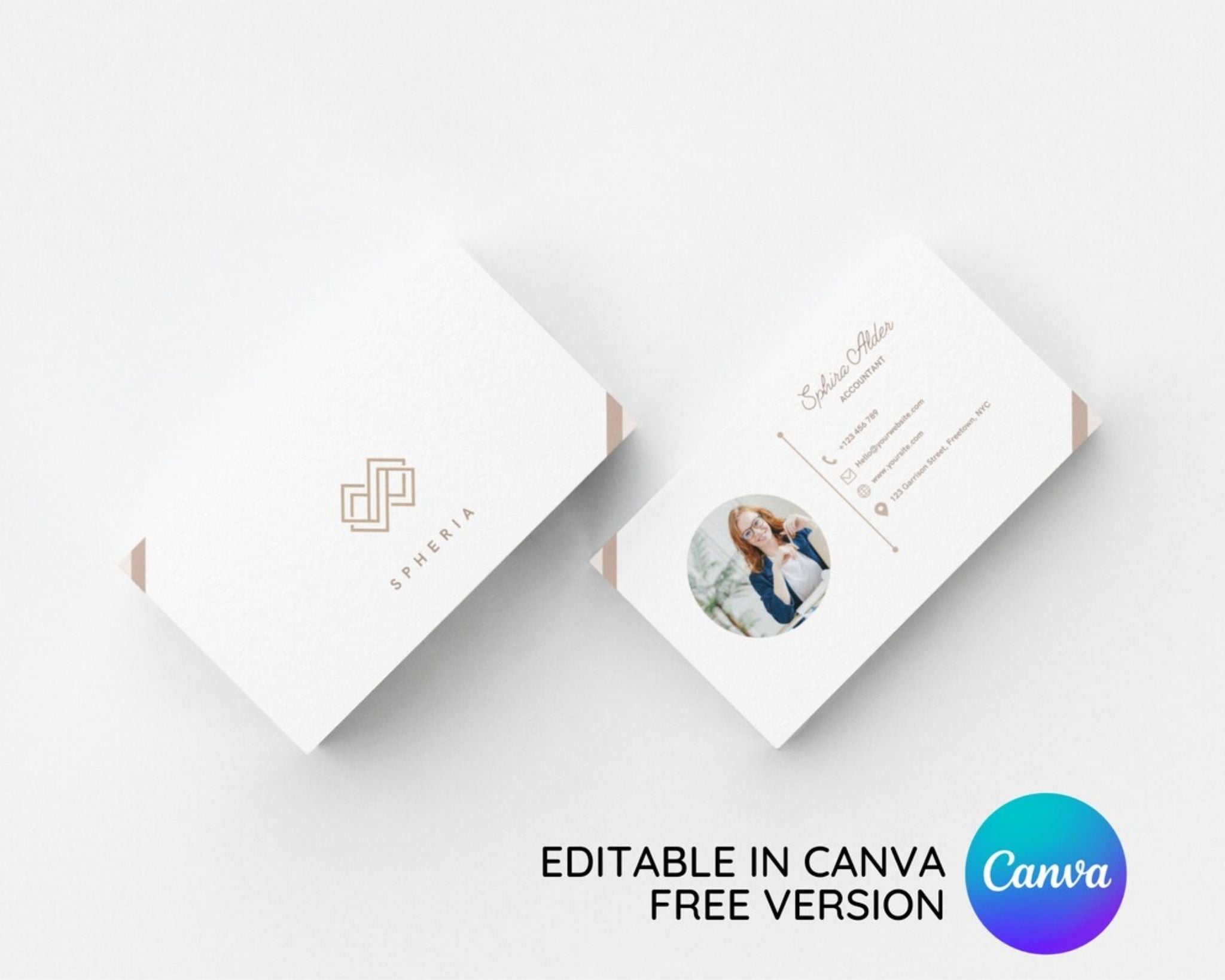 Minimal photo business card template editable in Canva, double-sided