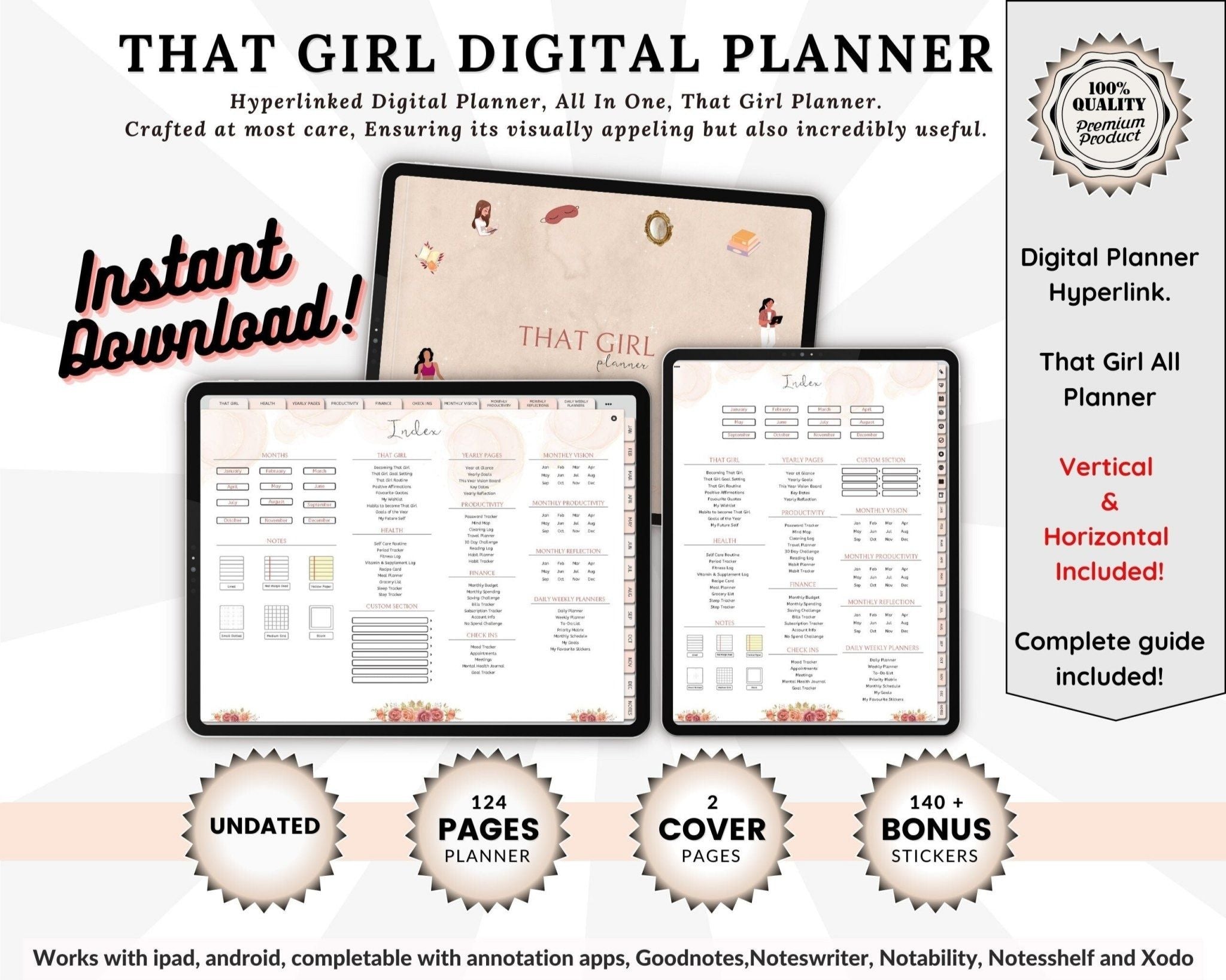 That Girl digital planner hyperlinked, undated 124-page planner for GoodNotes & Notability with covers and stickers