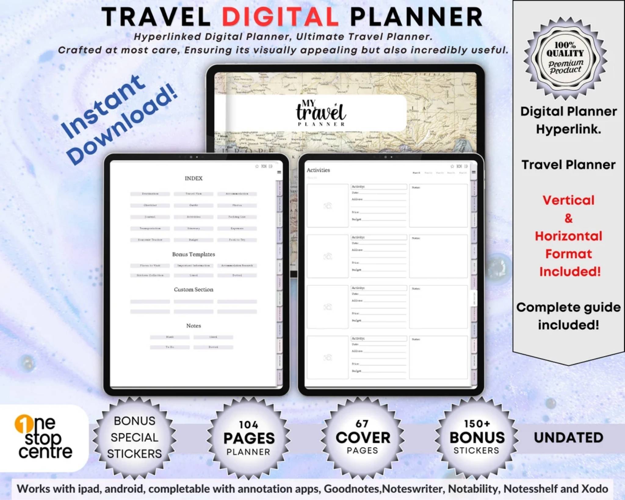 Travel digital planner dashboard with hyperlinked tabs on iPad, undated for goodnotes and notability.