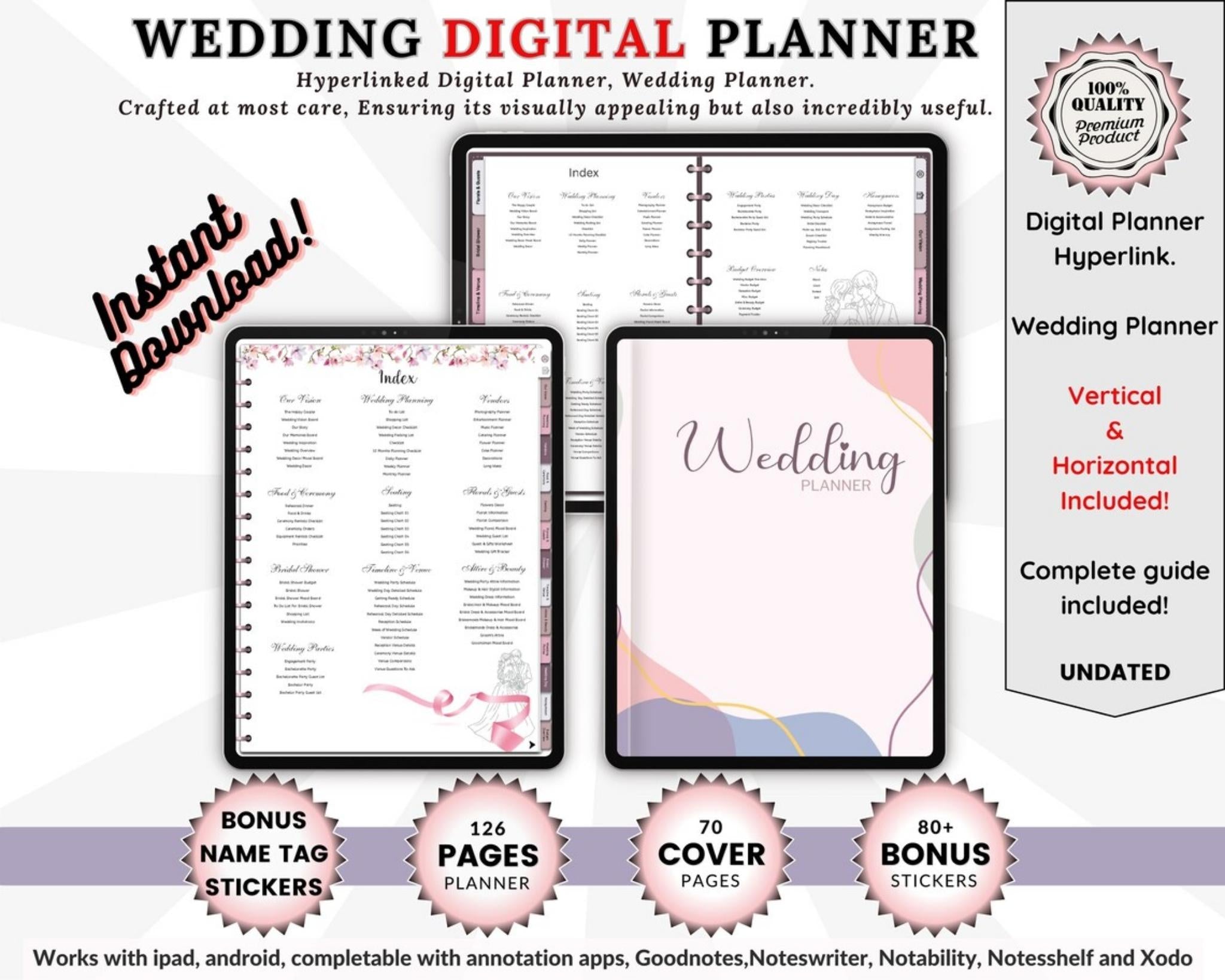 Hyperlinked wedding digital planner for GoodNotes on iPad – index and tabs view