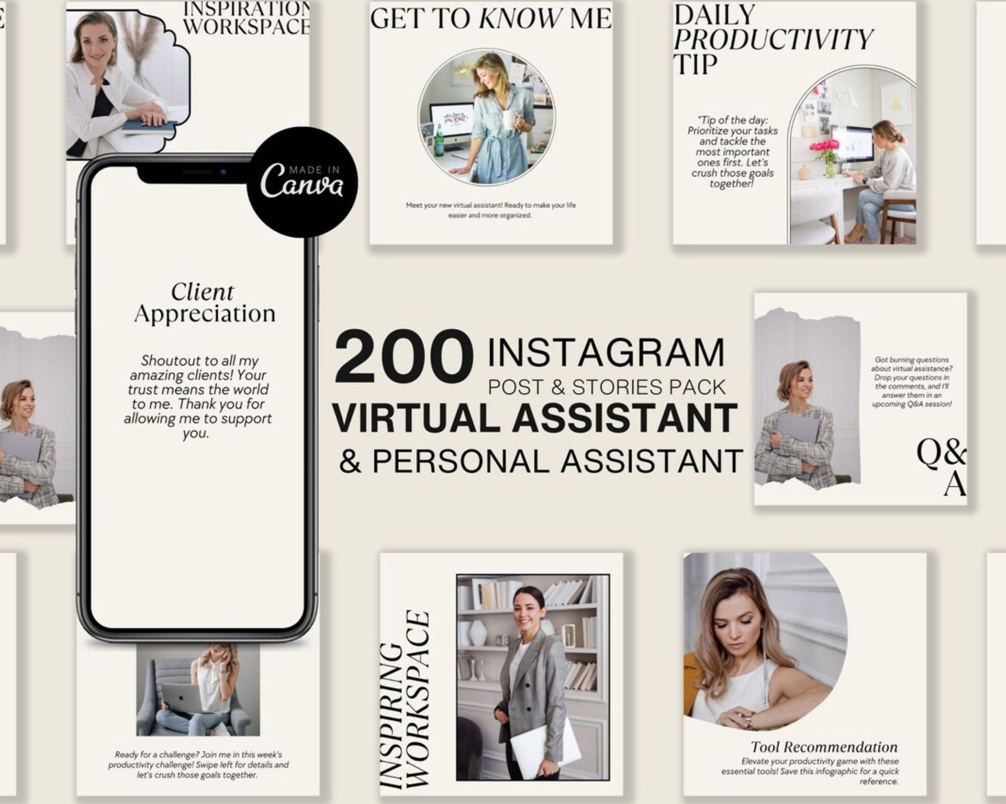 Collection of Instagram post and story templates for virtual assistants and personal assistants