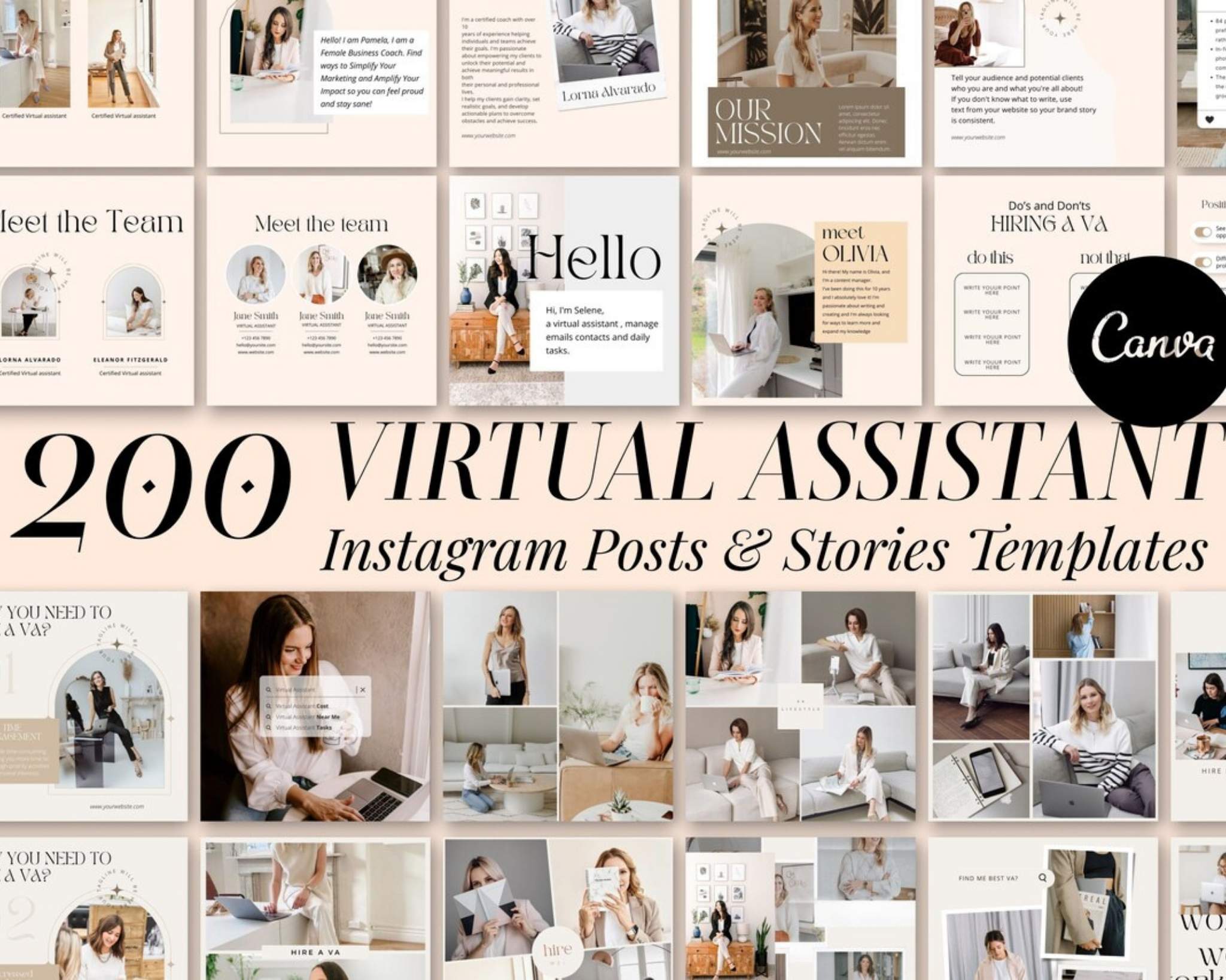 Collection of 200 Virtual Assistant Instagram Posts & Stories Templates by Canva.