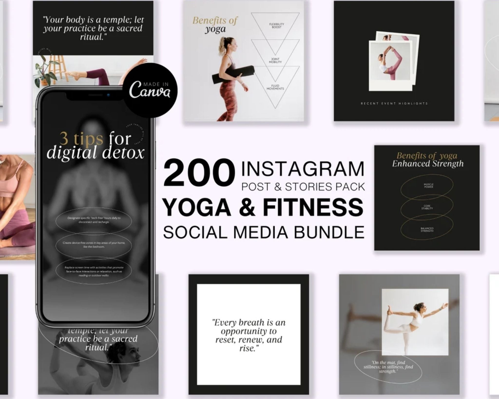 Yoga and fitness social media templates bundle in Canva – 200 posts and stories for Instagram and Facebook